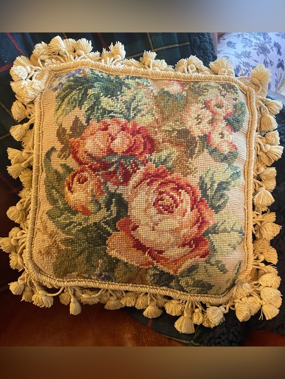 Vintage Floral Needlepoint Throw Pillow in Cream and Rose tassel trim